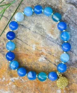Best Sale ⭐ YS Gems Natural Blue Agate & Goldtone Beaded Bracelet ✔️
