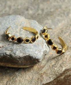 Hot Sale 🛒 YS Gems Onyx & 14k Gold-Plated Round-Cut Hoop Earrings ❤️