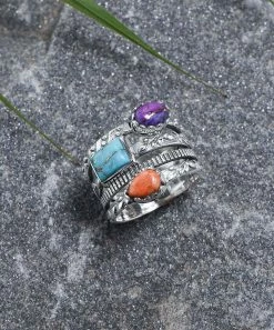 Best deal π YS Gems Blue Turquoise & Sterling Silver Leaf Tiered Ring π