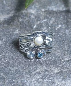 New 🤩 YS Gems Blue Topaz & Cultured Pearl Filigree Openwork Ring ⭐