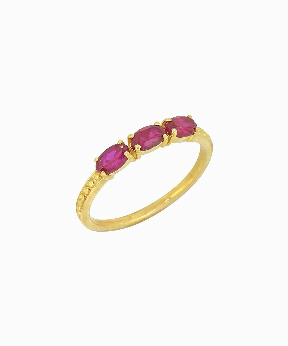 New π YS Gems Simulated Ruby & 14k Gold-Plated 3-Stone Ring π - Image 4