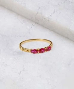New 👏 YS Gems Simulated Ruby & 14k Gold-Plated 3-Stone Ring 👏