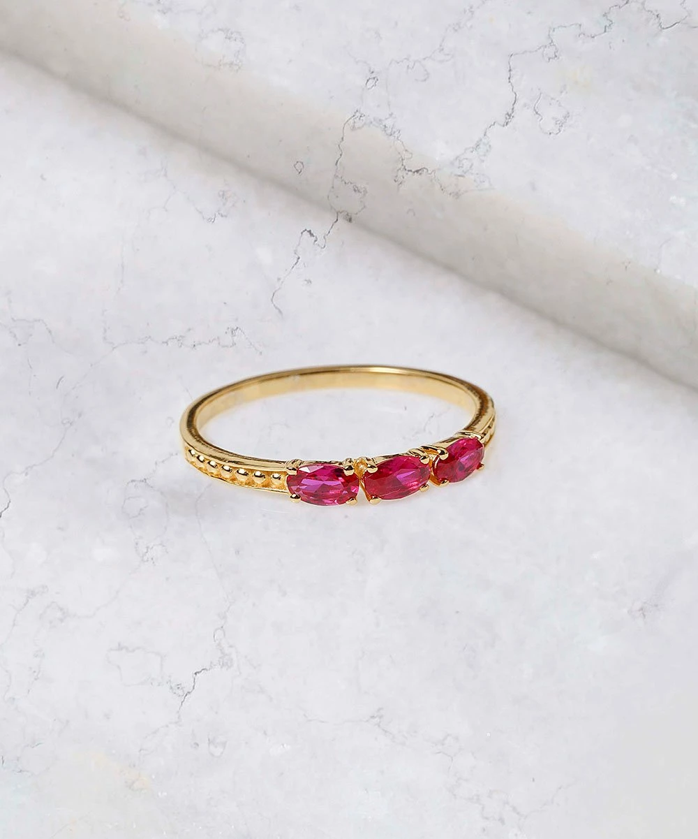 New π YS Gems Simulated Ruby & 14k Gold-Plated 3-Stone Ring π