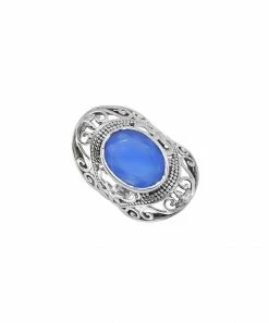 Coupon ⌛ YS Gems Blue Chalcedony & Sterling Silver Scroll Openwork Ring 🛒