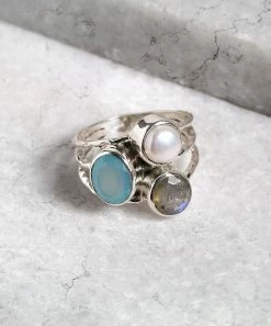 New 🧨 YS Gems Aqua Chalcedony & Imitation Pearl Cluster Ring 😉