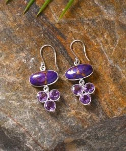 Best Sale ⌛ YS Gems Purple Copper Turquoise & Amethyst Cluster Tiered Drop Earrings ⭐